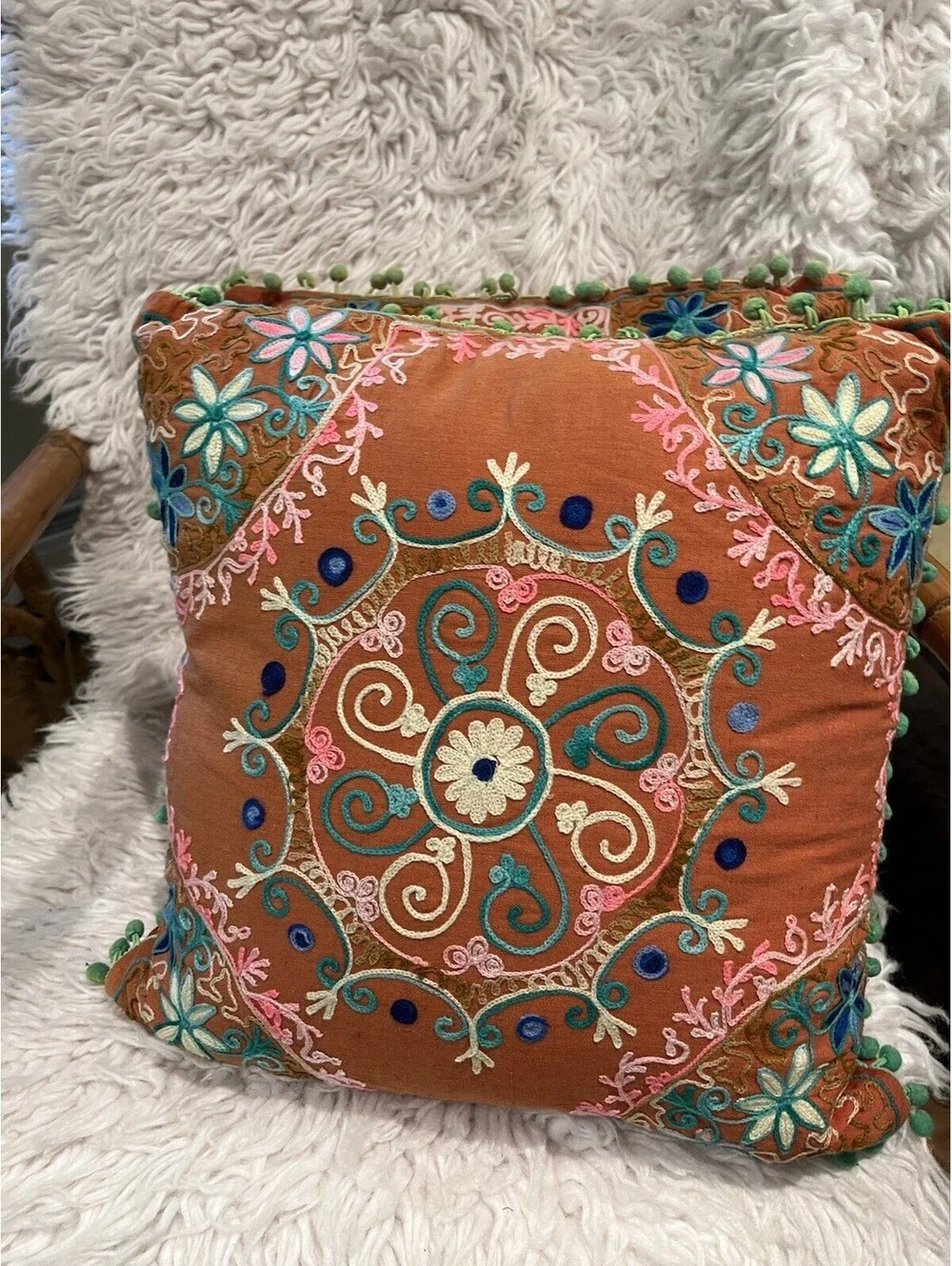 Karma Living Bohemian Coral Green Pom Pom Throw Pillow Hippie 60s Colorful 14” 2